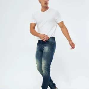 Jean slim fit bleu délavé avec détails usés pour homme