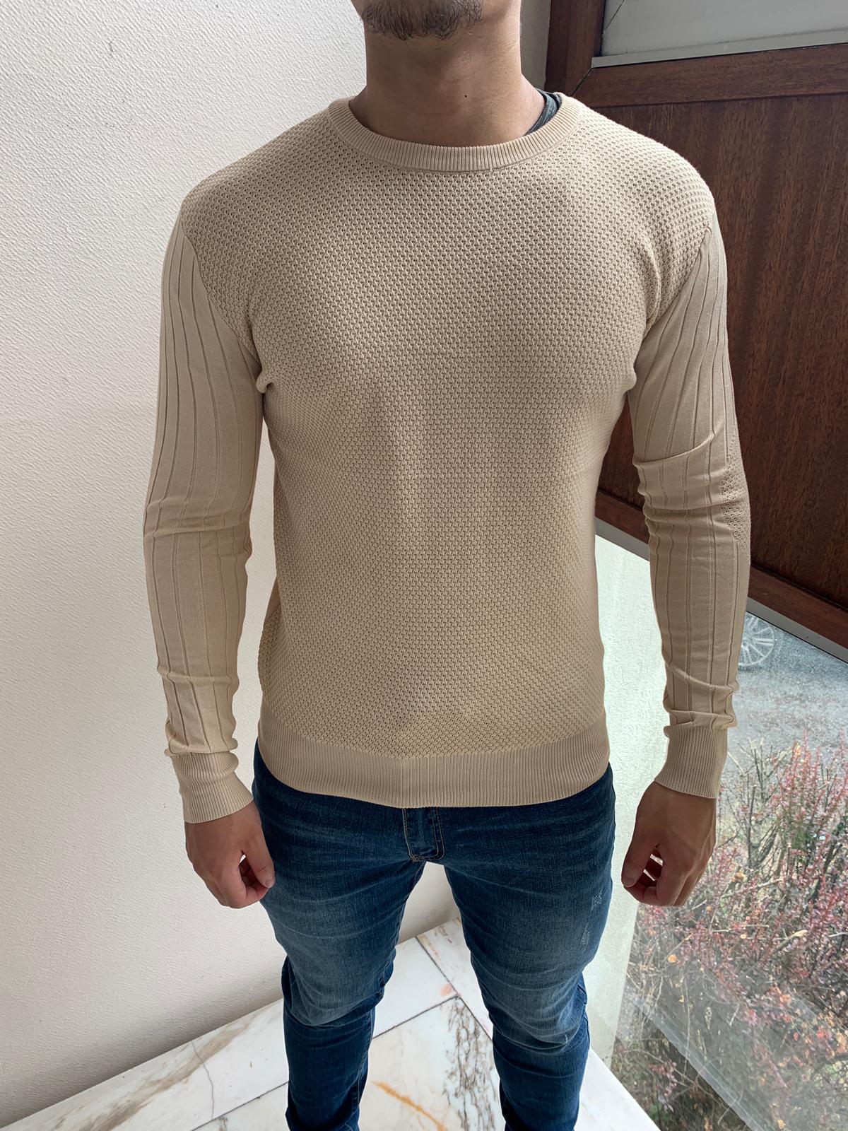 Pull col rond avec coudière beige homme fashion