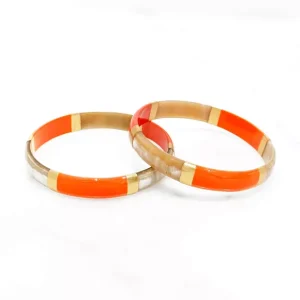 Bracelet jonc coloré et feuilles d’or en corne véritable