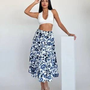 Jupe Midi Imprimé Fleuri Bleu & Blanc – Taille Élastique