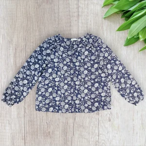 Blouse femme Gérard Pasquier 42 bleu marine à motif fleuri blanc – manches longues bouffantes