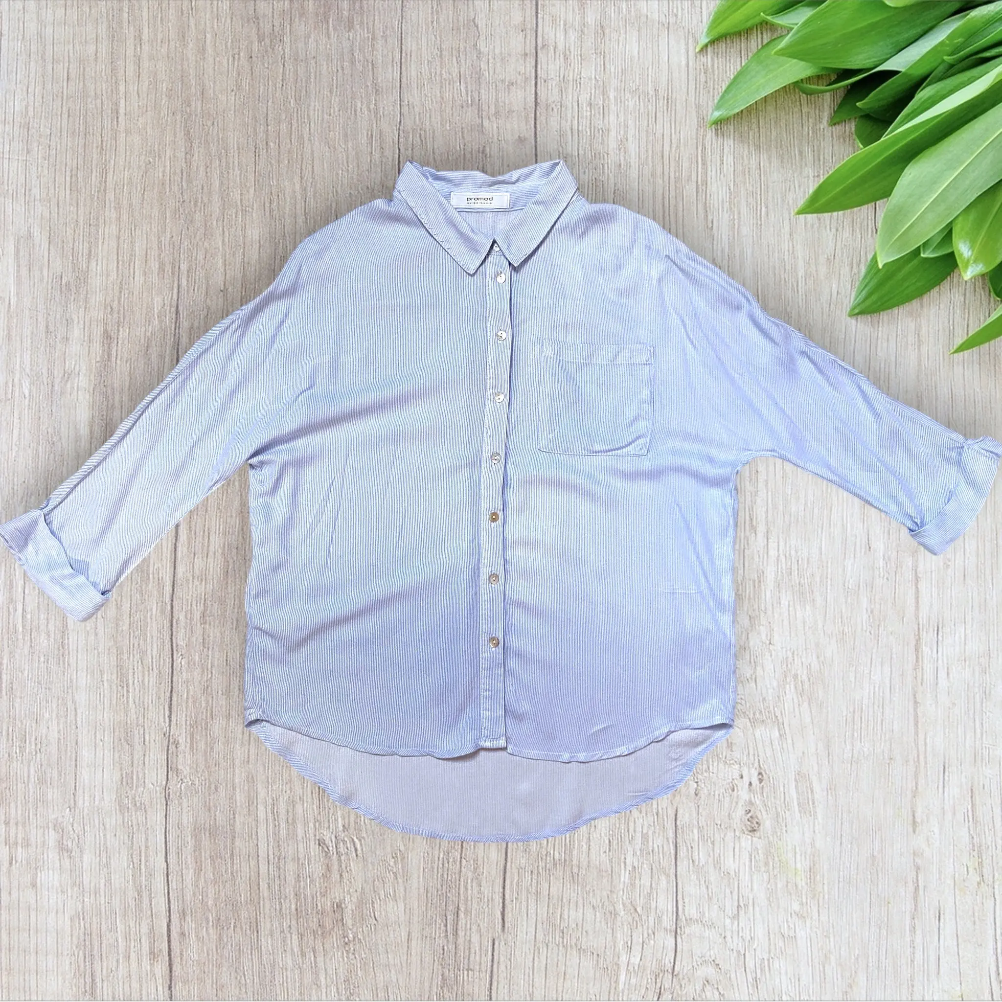 Chemise femme Promod S bleu ciel à fines rayures – Boutons nacre manches 3/4