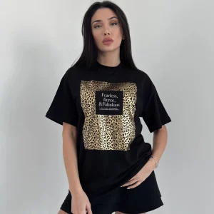 T-shirt Noir Oversize avec Imprimé Doré