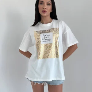 T-shirt Blanc Oversize avec Imprimé Doré