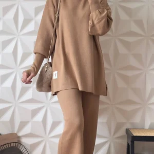 Ensemble en maille pantalon et pull à manches mitaines - Camel