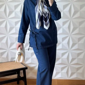 Ensemble veste en jean nouée sur le côté et pantalon large - Bleu brut