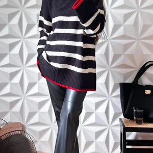 Pull oversize avec col ras de cou à rayures - Noir