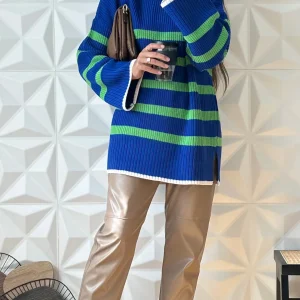 Pull oversize avec col ras de cou à rayures - Bleu
