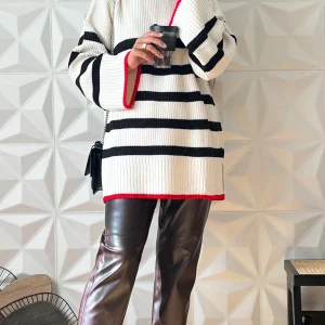 Pull oversize avec col ras de cou à rayures - Crème