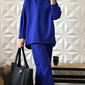 Ensemble pantalon coupe barrel et Sweat emmanchures basses - Bleu cobalt