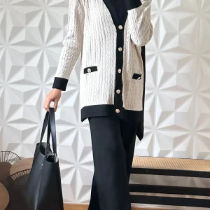 Ensemble pantalon large et Gilet en maille torsadée - Noir