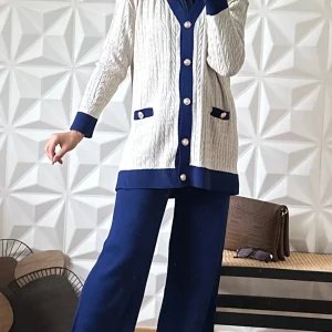 Ensemble pantalon large et Gilet en maille torsadée - Bleu