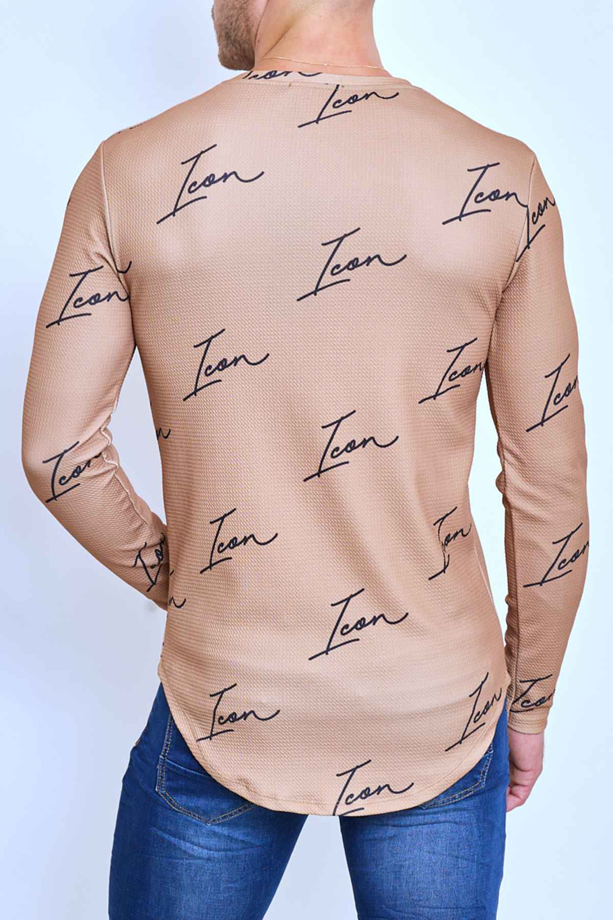 T-shirt manches longues beige col rond texte Icon fashion homme – Image 3