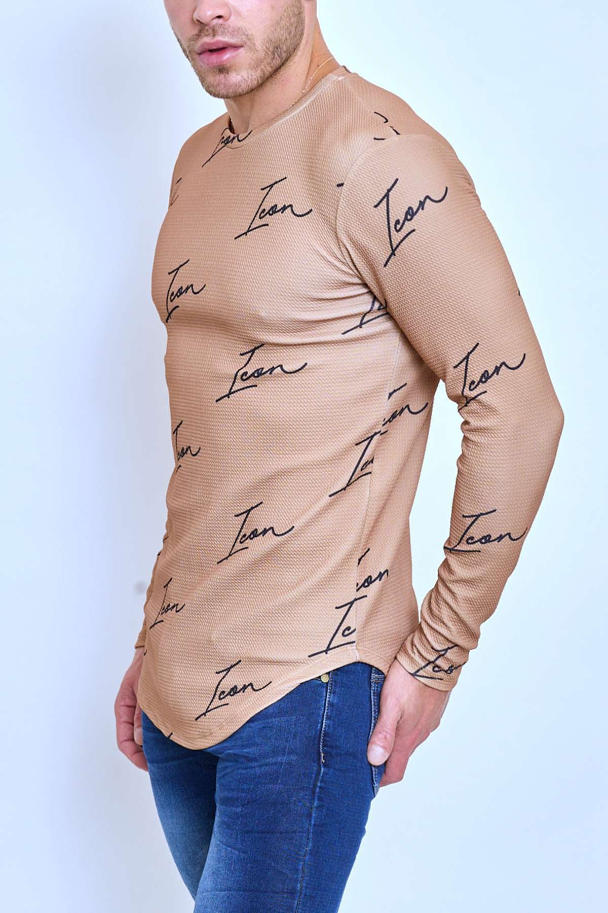 T-shirt manches longues beige col rond texte Icon fashion homme – Image 2