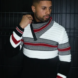 Pull stylé avec rayures tricolore rouge homme fashion