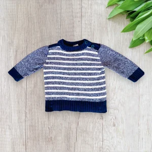 Pull Bébé Garçon 3Mois - Style Tricot Marinière Blanc et Bleu Marine - Tex