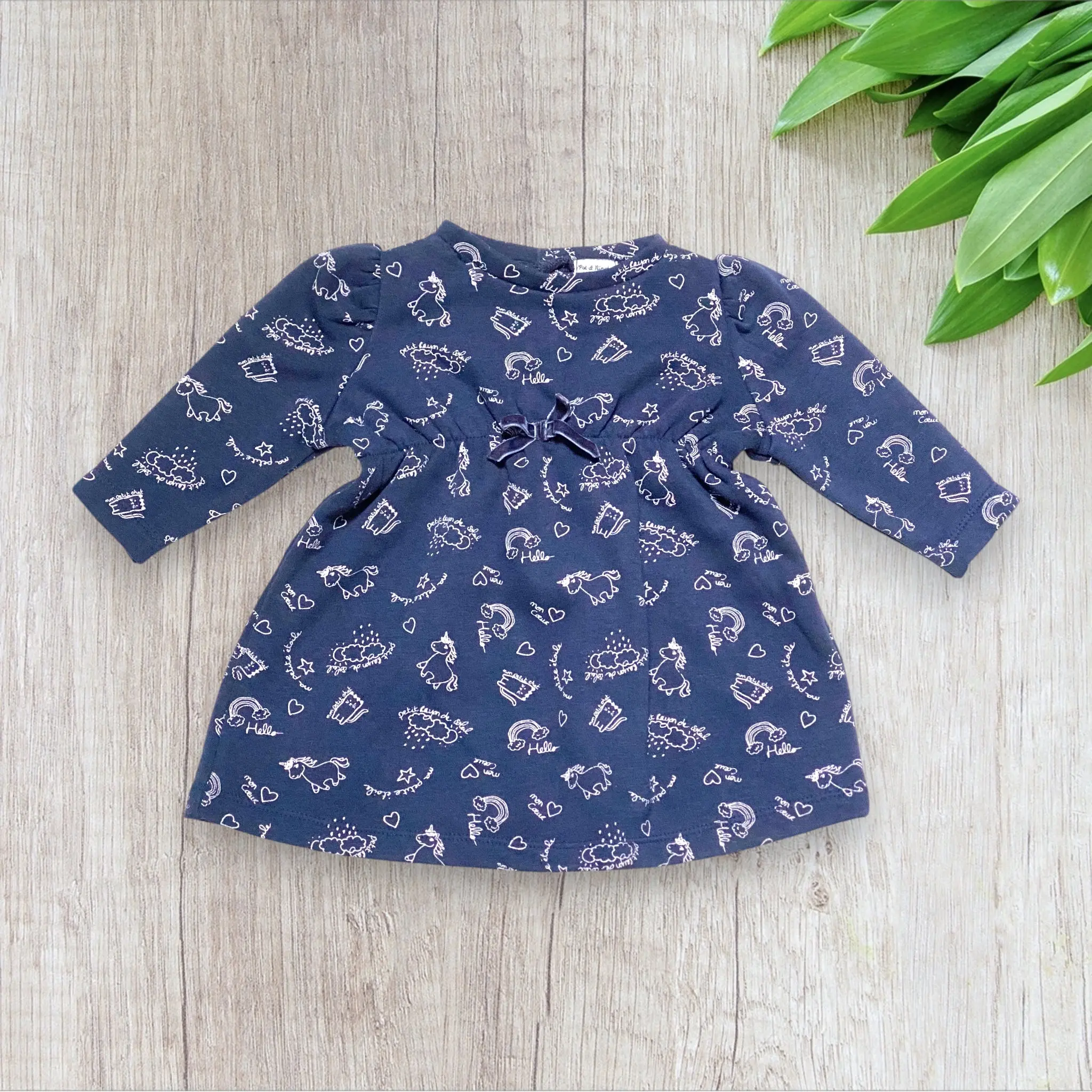 Robe d’hiver bébé fille Pat & Ripaton 6 mois bleu marine à motif chat et licorne