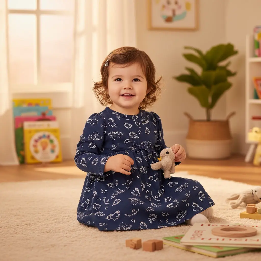 Robe d’hiver bébé fille Pat & Ripaton 6 mois bleu marine à motif chat et licorne – Image 2