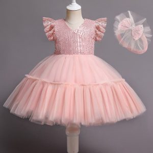 Robe Rose Bébé avec Serre Têtes