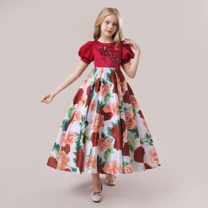 Robe Princesse d’Été à fleurs Rouges