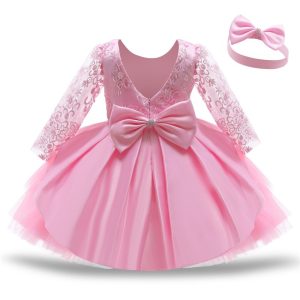 Robe de Princesse Bébé Rose à Manches Longues