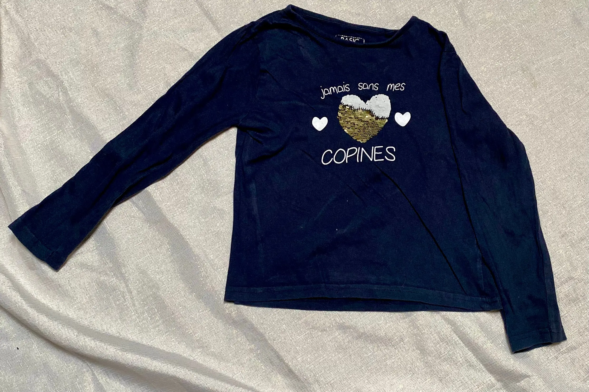T-shirt Bleu Marine avec Motifs Cœurs et Strass Réversible - Fille 8 ans, Districenter