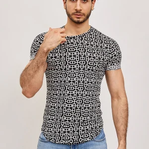 Tee-Shirt manches courtes col rond motif chaines noir