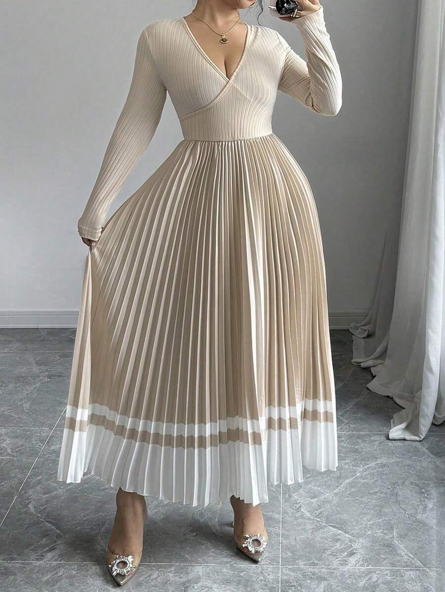SHEIN GRANDE TAILLE (44/46/50/52/54) Robe maxi élégante dégradée à col V avec taille nouée