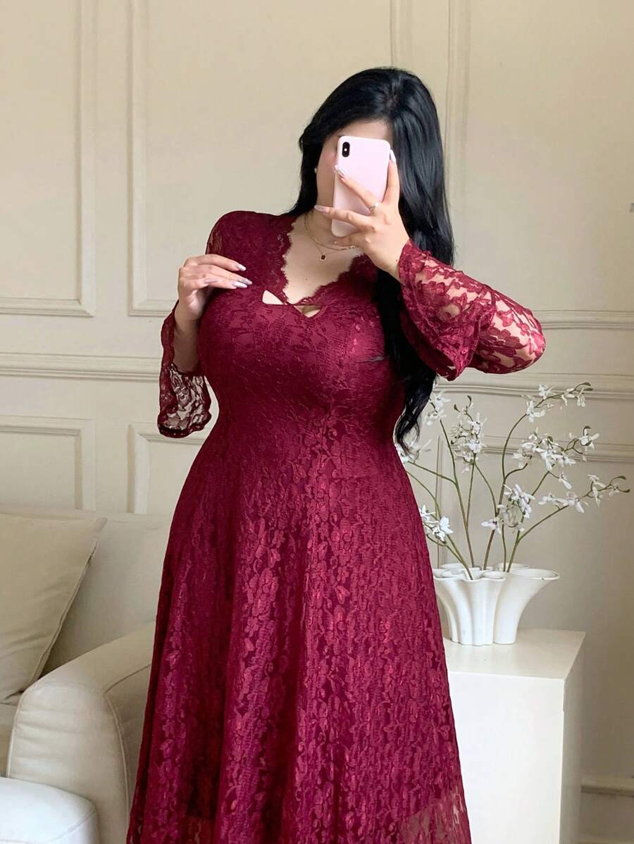 SHEIN GRANDE TAILLE (44/46/48/50/52/54) Robe élégante manches longues esprit dentelle, taille marquée, coupe évasée estivale – Image 6