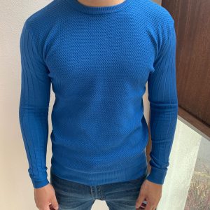 Pull homme bleu clair avec coudière fashion