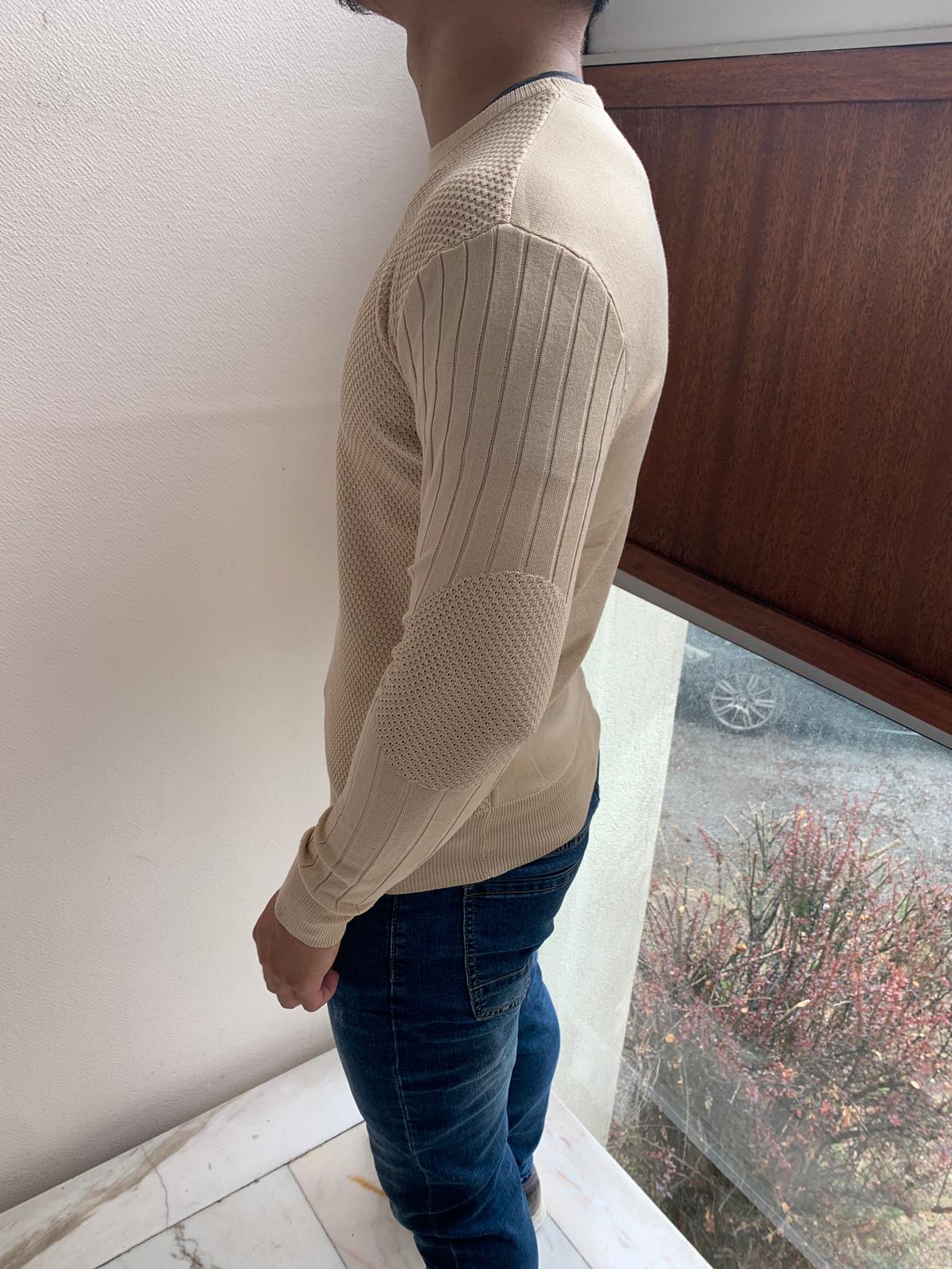 Pull col rond avec coudière beige homme fashion – Image 2