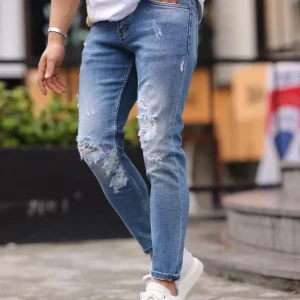 Jean slim fit bleu clair effet destroy extrême – Homme