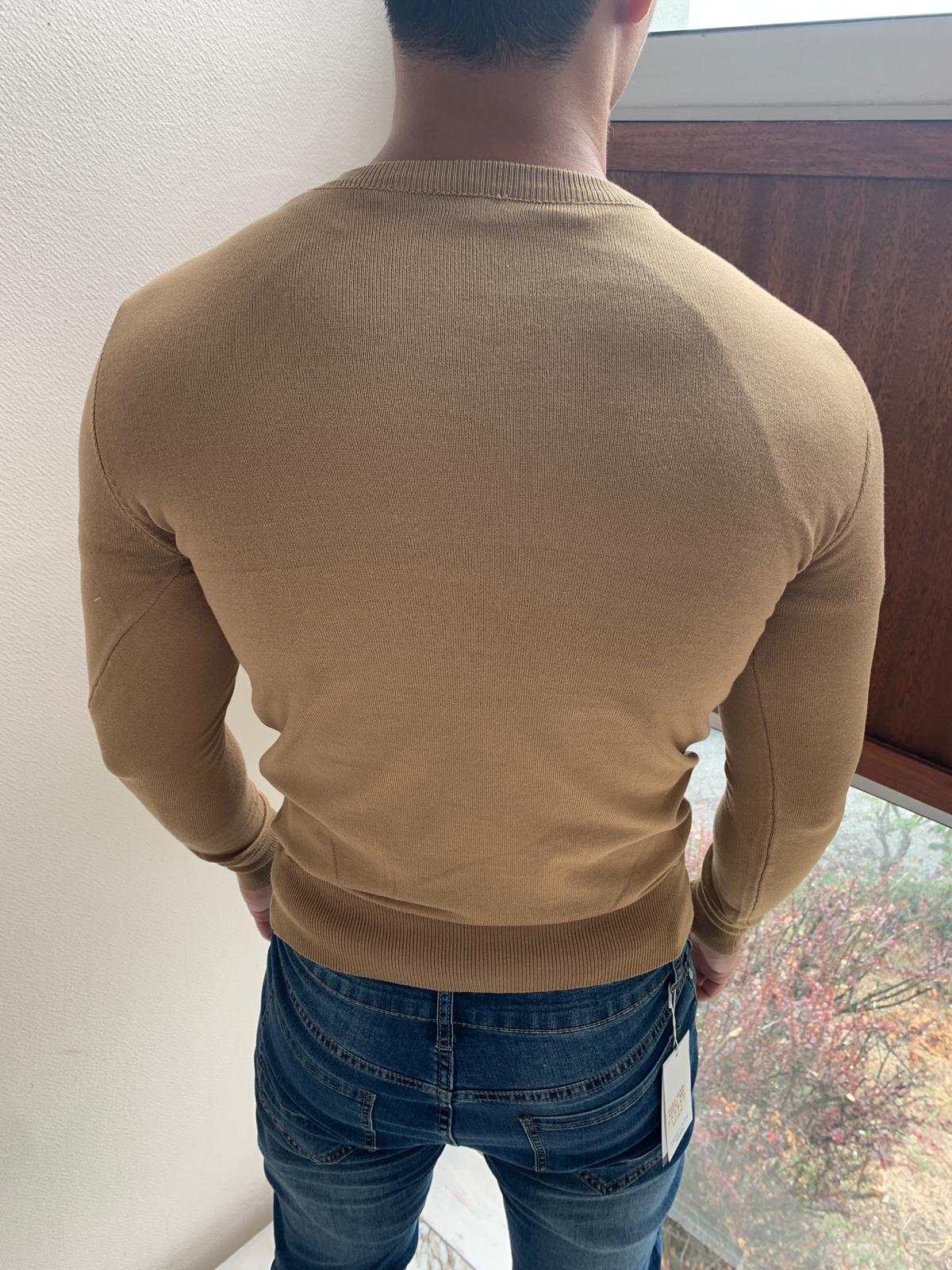 Pull col rond avec coudière beige homme fashion – Image 3