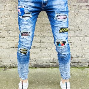 Jeans homme bleu délavé avec patch