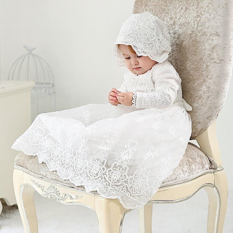 Robe de Baptême en dentelle pour Bébé avec Bonnet – Image 3