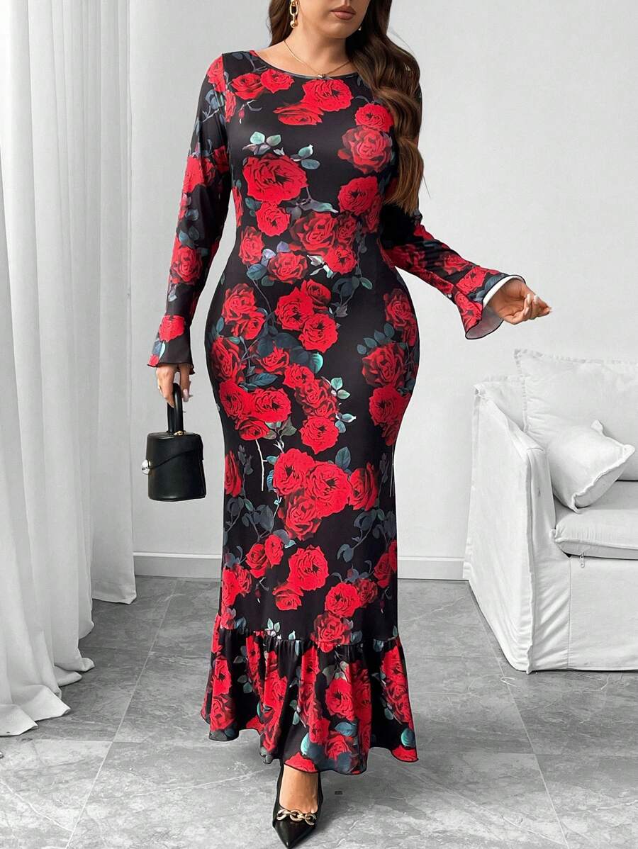 SHEIN GRANDE TAILLE (44/46/48/50/52/54) Robe longue – Imprimé floral, manches évasées, coupe ajustée – Image 2