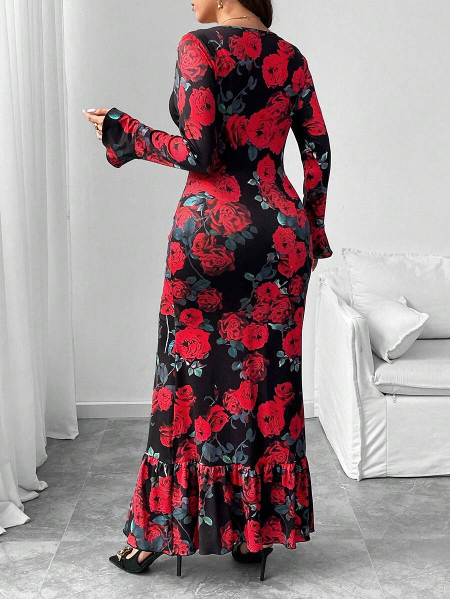 SHEIN GRANDE TAILLE (44/46/48/50/52/54) Robe longue – Imprimé floral, manches évasées, coupe ajustée – Image 5