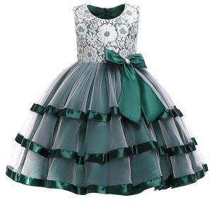 Robe Princesse Fille Verte à Motifs Fleurs