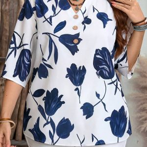 SHEIN GRANDE TAILLE (44/46/48/50/52/54) – Blouse fleurie boutonnée à manches courtes pour femme