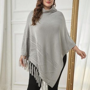 SHEIN GRANDE TAILLE (44/46/48/50) – Poncho rayé à col roulé volanté