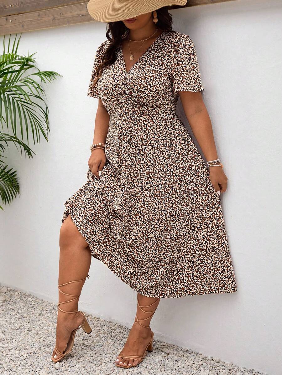 SHEIN GRANDE TAILLE (52/54) – Robe d’été bohème imprimée à col V et fronçage avant – Image 5