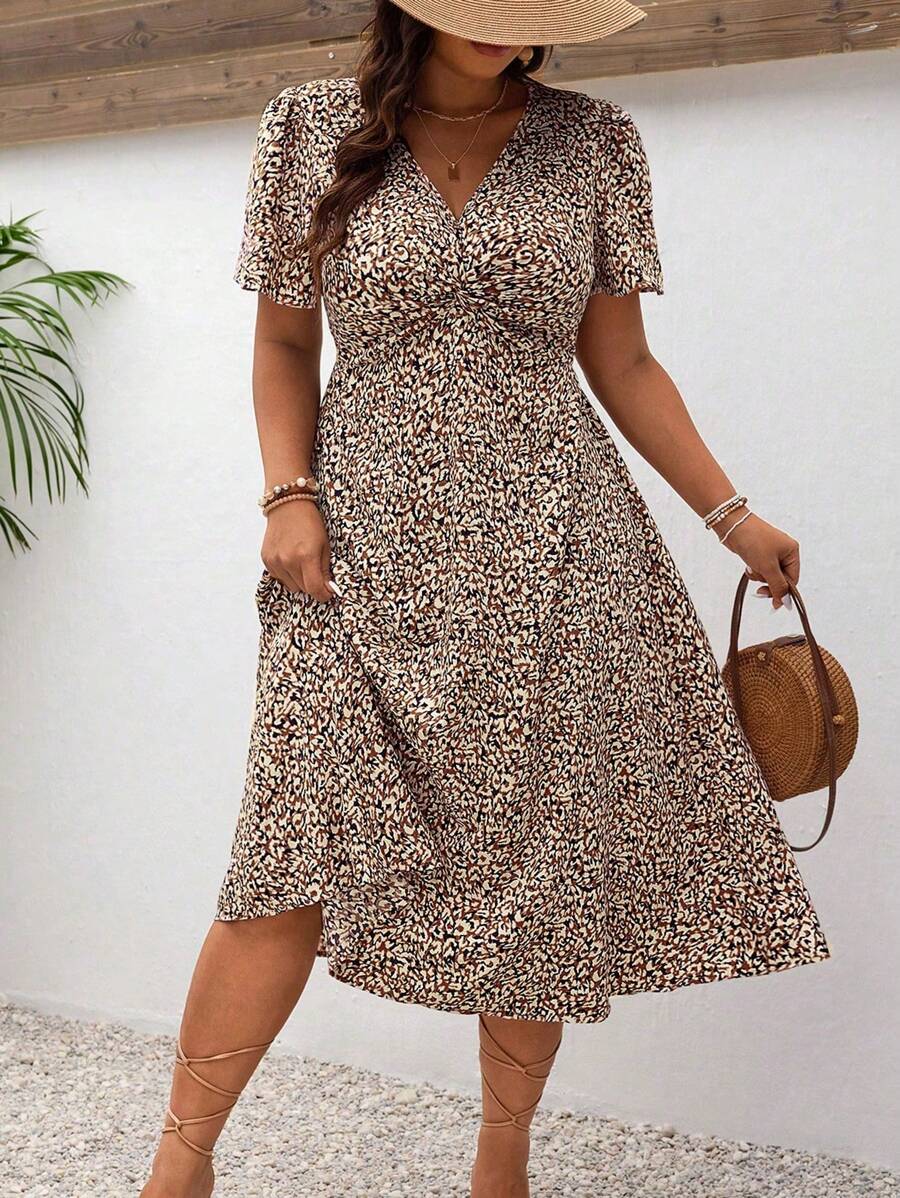 SHEIN GRANDE TAILLE (52/54) – Robe d’été bohème imprimée à col V et fronçage avant