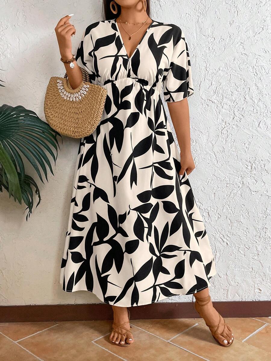 SHEIN GRANDE TAILLE (52/54) – Robe longue bohème à imprimé feuilles et col V – Image 3