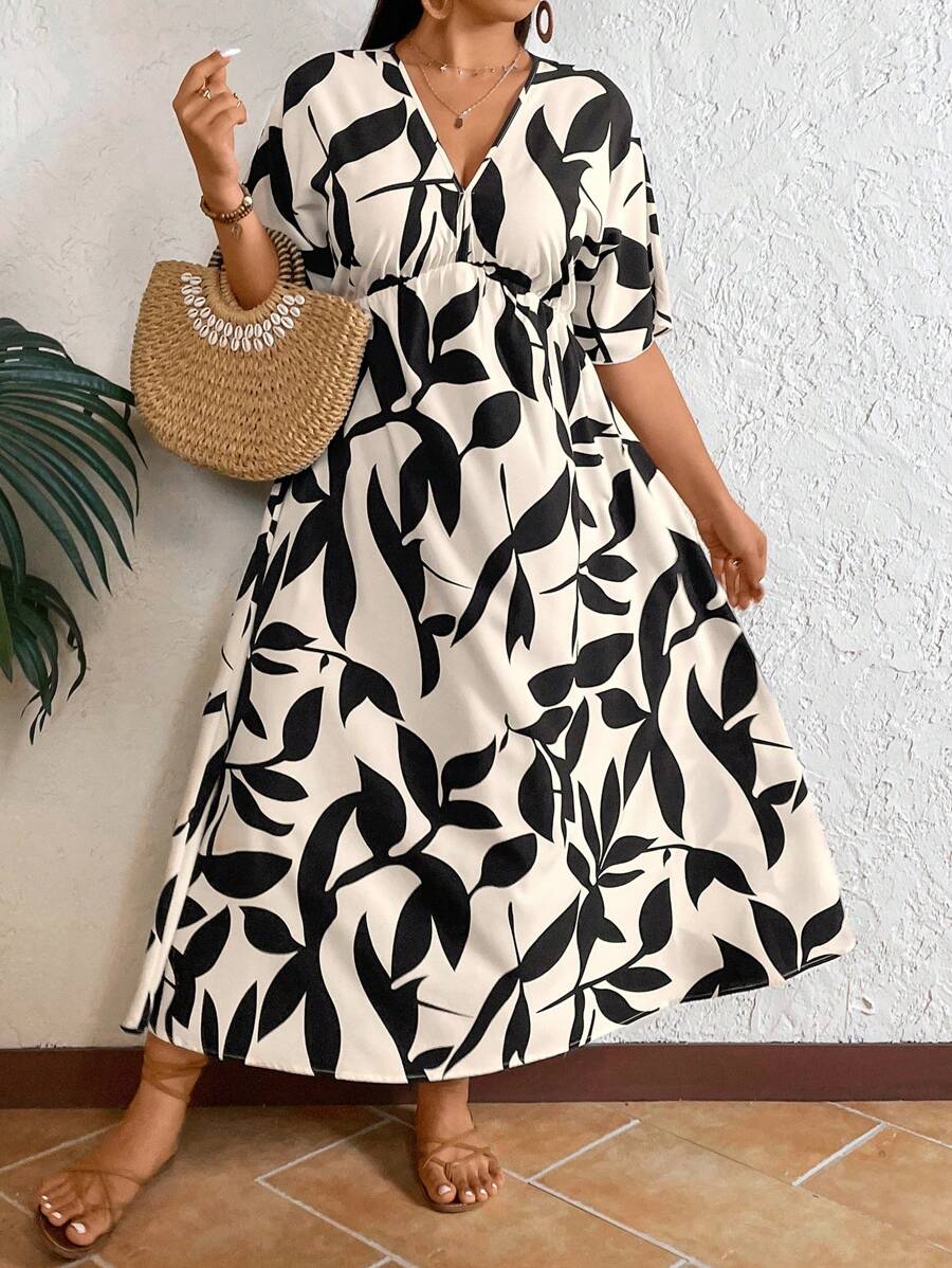 SHEIN GRANDE TAILLE (52/54) – Robe longue bohème à imprimé feuilles et col V – Image 2