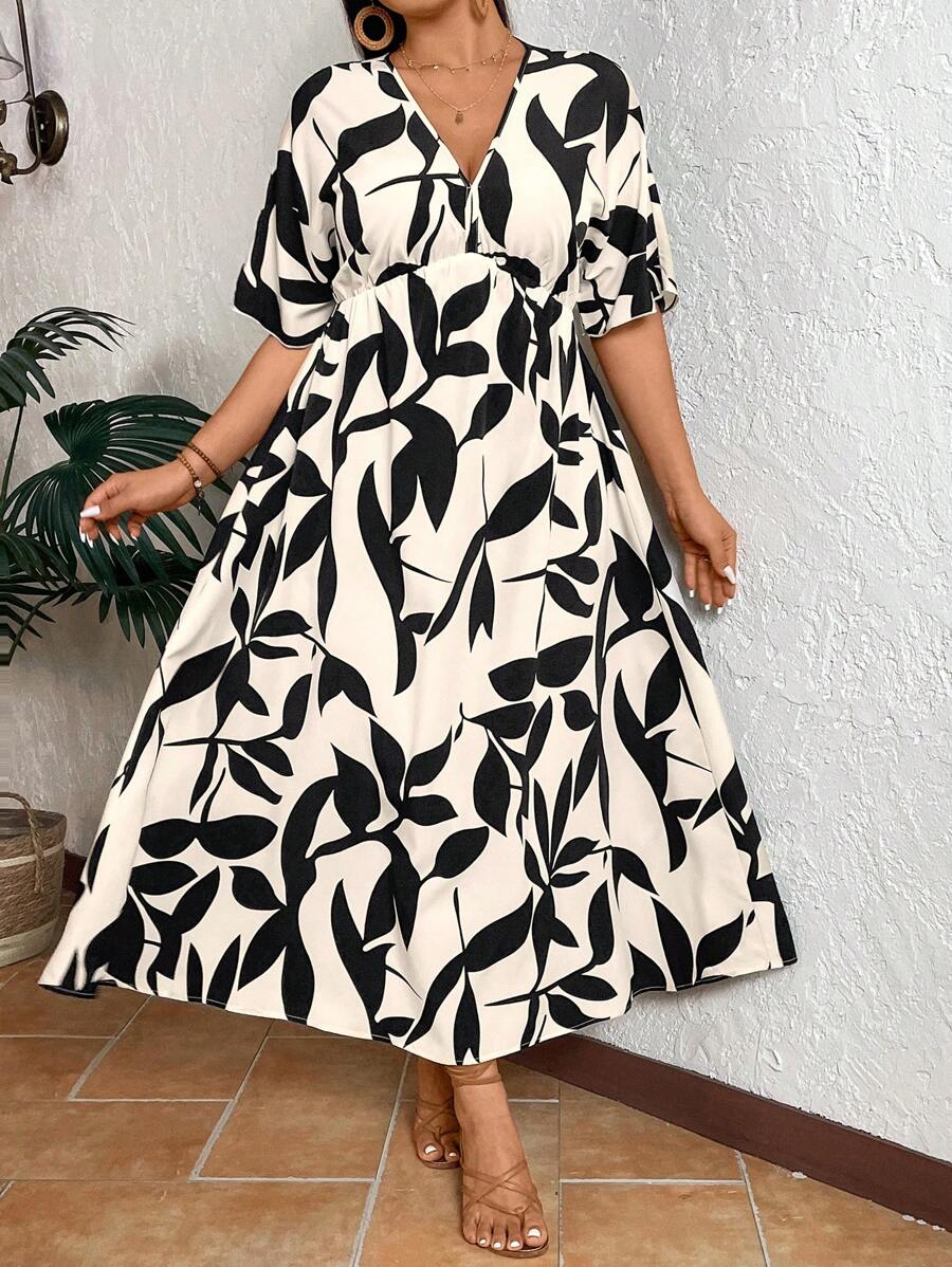 SHEIN GRANDE TAILLE (52/54) – Robe longue bohème à imprimé feuilles et col V