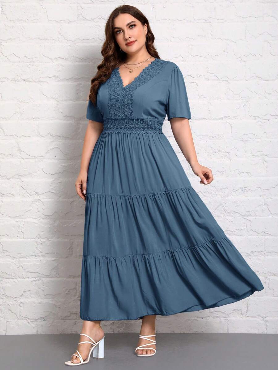 SHEIN GRANDE TAILLE (50/52/54) – Robe longue unie col V manches courtes plissée – Image 3