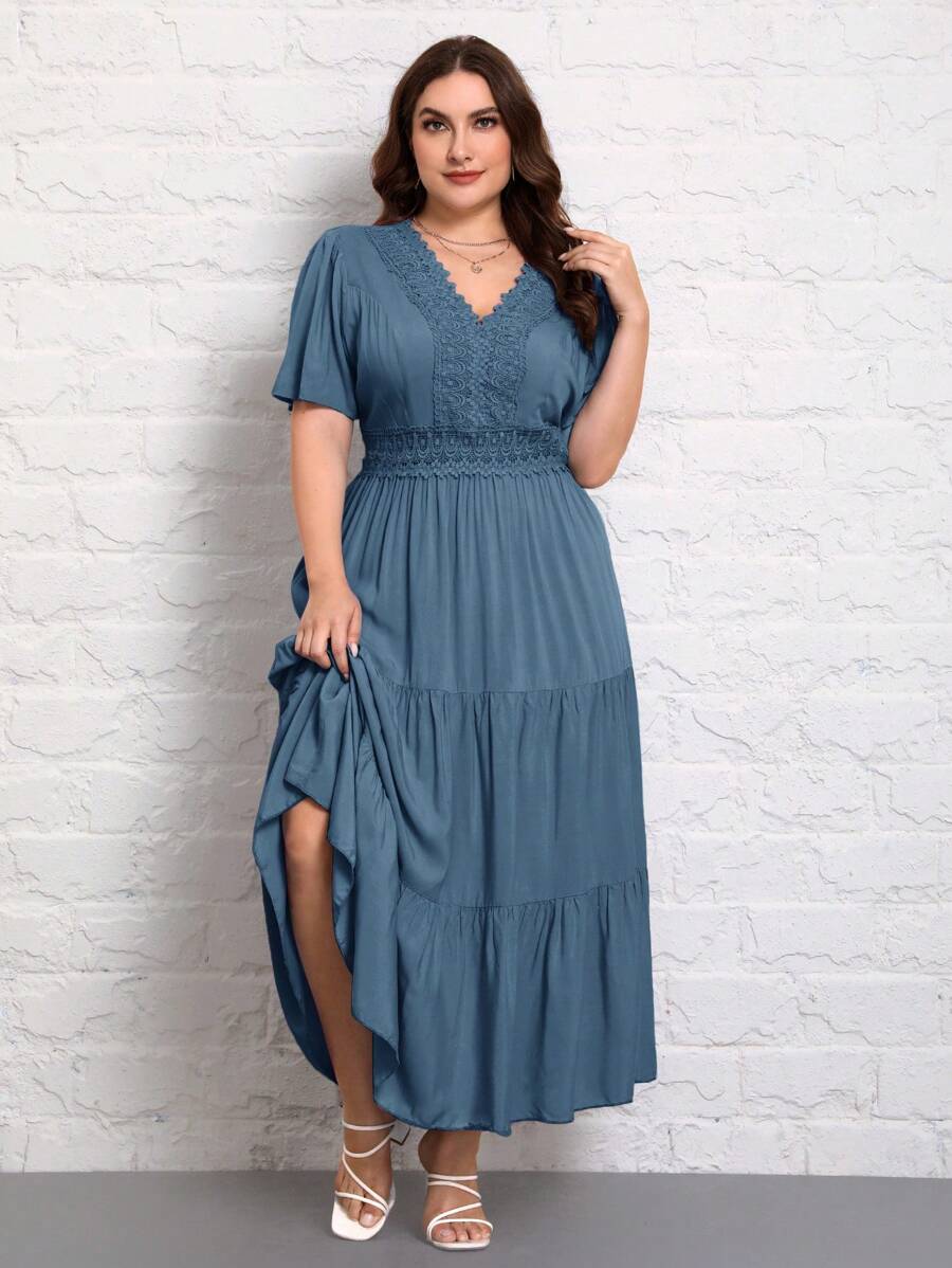 SHEIN GRANDE TAILLE (50/52/54) – Robe longue unie col V manches courtes plissée – Image 5