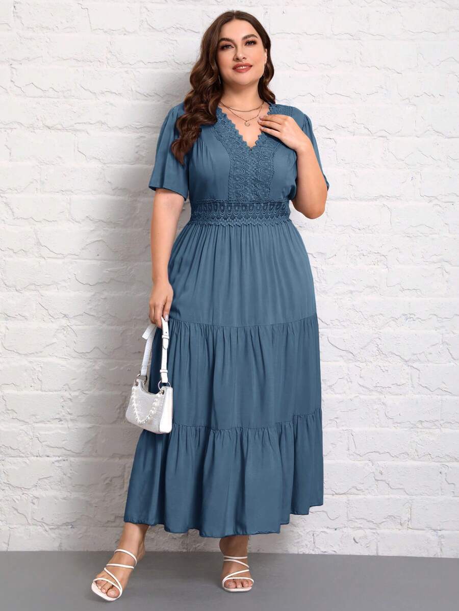 SHEIN GRANDE TAILLE (50/52/54) – Robe longue unie col V manches courtes plissée – Image 4