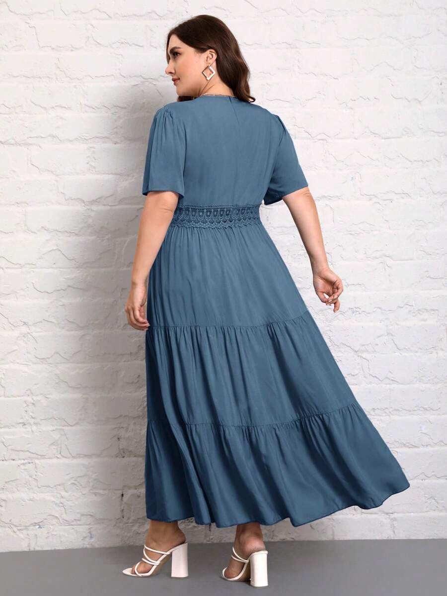 SHEIN GRANDE TAILLE (50/52/54) – Robe longue unie col V manches courtes plissée – Image 2