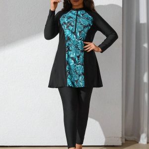 SHEIN GRANDE TAILLE (46/48) – Ensemble tankini à manches longues zippé à imprimé tropical